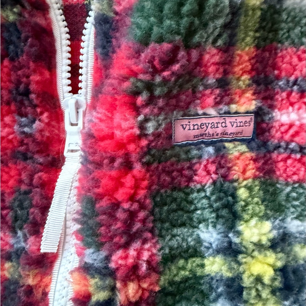 Vineyard Vines Red and Green Plaid Fleece Sweater - Picture 3 of 6